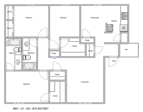 Floor plan for 3 beds, 2 baths, 1365 sqft
